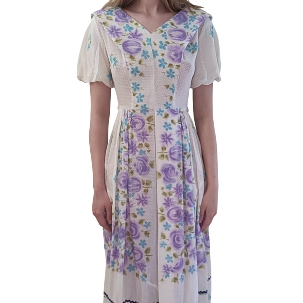 50s/60s Vintage White Floral Short-Sleeve Fitted Semi-sheer Summer Maxi Dress XS